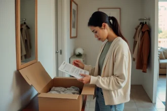 Femme déballant une commande de vêtements Thehalara à la réception pour vérifier la conformité avec sa commande