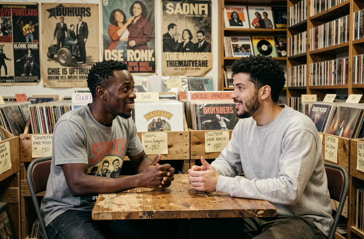 Deux jeunes hommes en pleine discussion animée dans un magasin de disques indépendant, entourés de vinyles, illustrant le débat entre image et musique dans le rap français