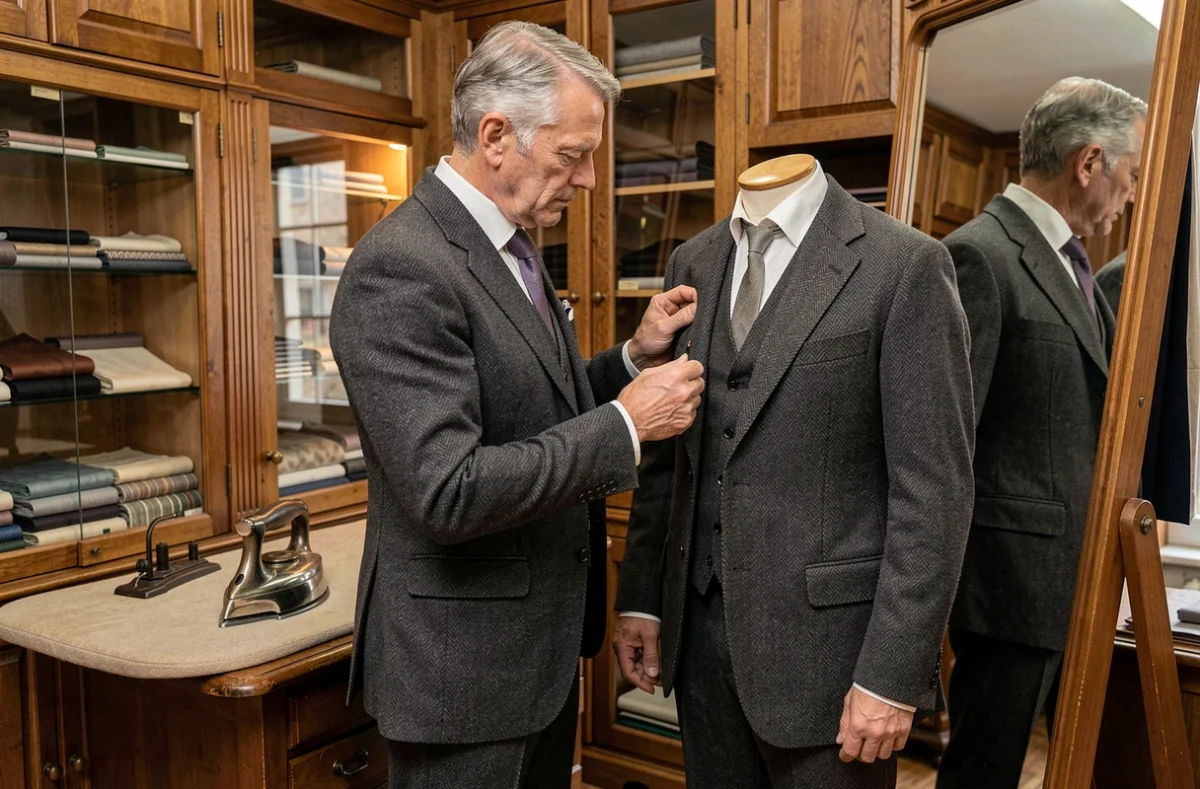 Tailleur traditionnel en costume à chevrons examinant l'ajustement d'un veston sur mesure dans un atelier classique à Rouen