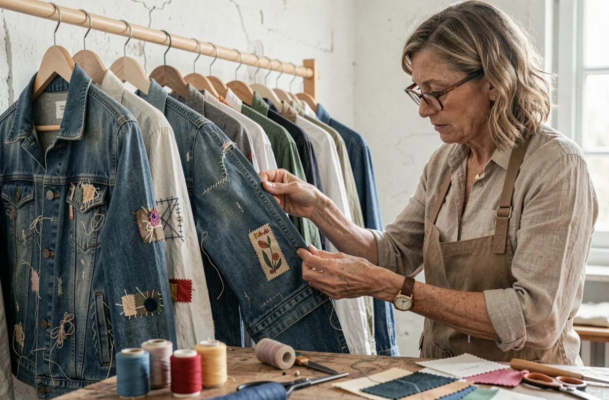 Artisane inspectant une veste en jean retravaillée dans la boutique Dernière Main, avec fils, tissus et outils de couture sur un établi en bois