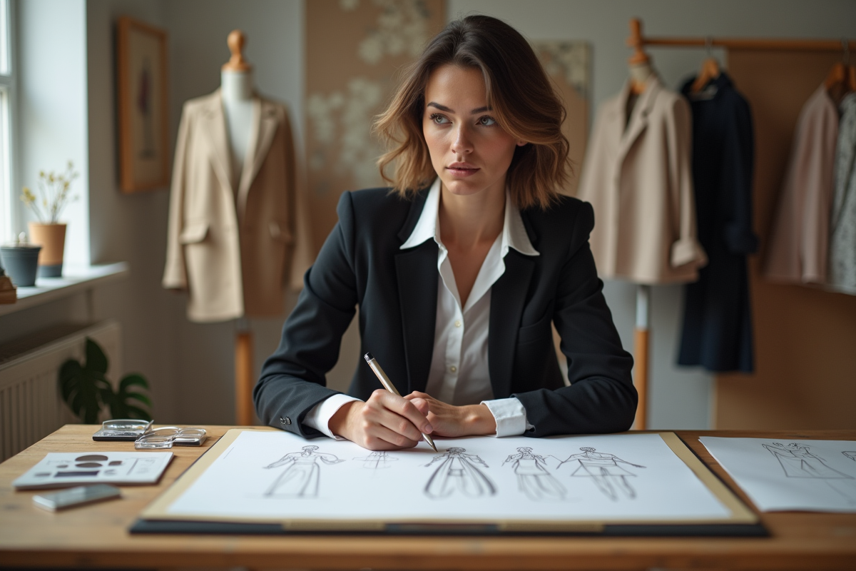 Femme stylée dessinant des créations de mode dans un atelier lumineux