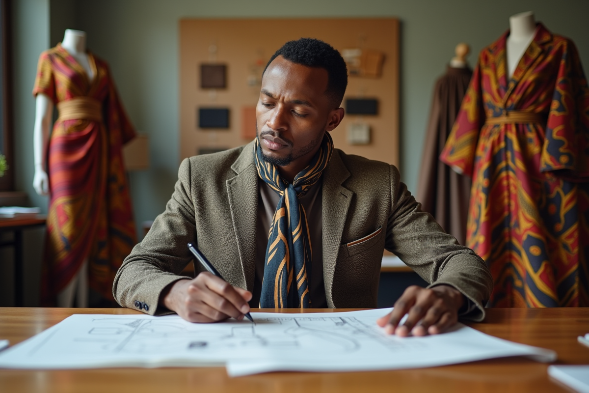 Designer sud-africain en studio avec textiles et croquis