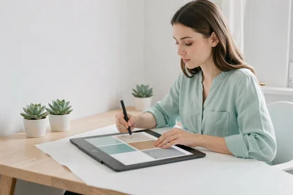Designer web esquissant une palette de couleurs vert d'eau sur tablette graphique dans un studio minimaliste scandinave