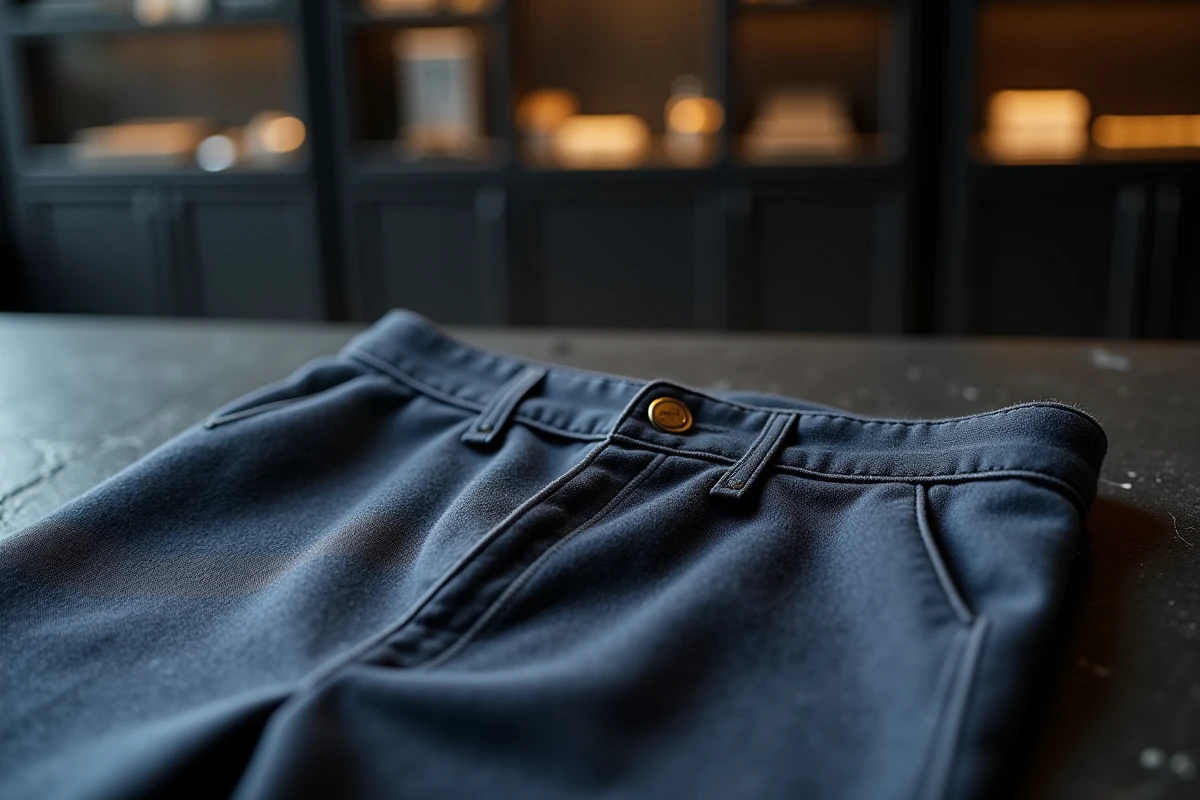 Détail en gros plan de la ceinture et du pli d'un pantalon de luxe en vicuña exposé dans une boutique haut de gamme