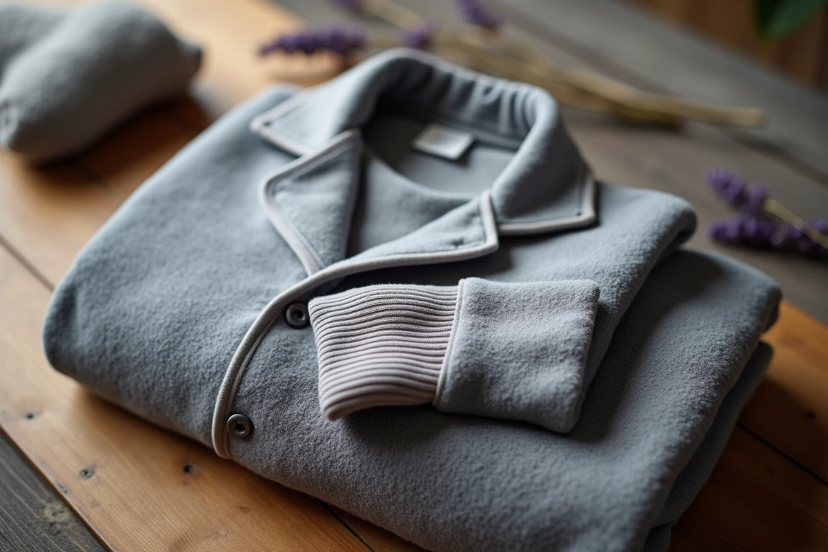 Gros plan sur la texture d'un pyjama pilou homme en flanelle grise chiné, plié sur une surface en bois rustique avec des détails de couture visibles