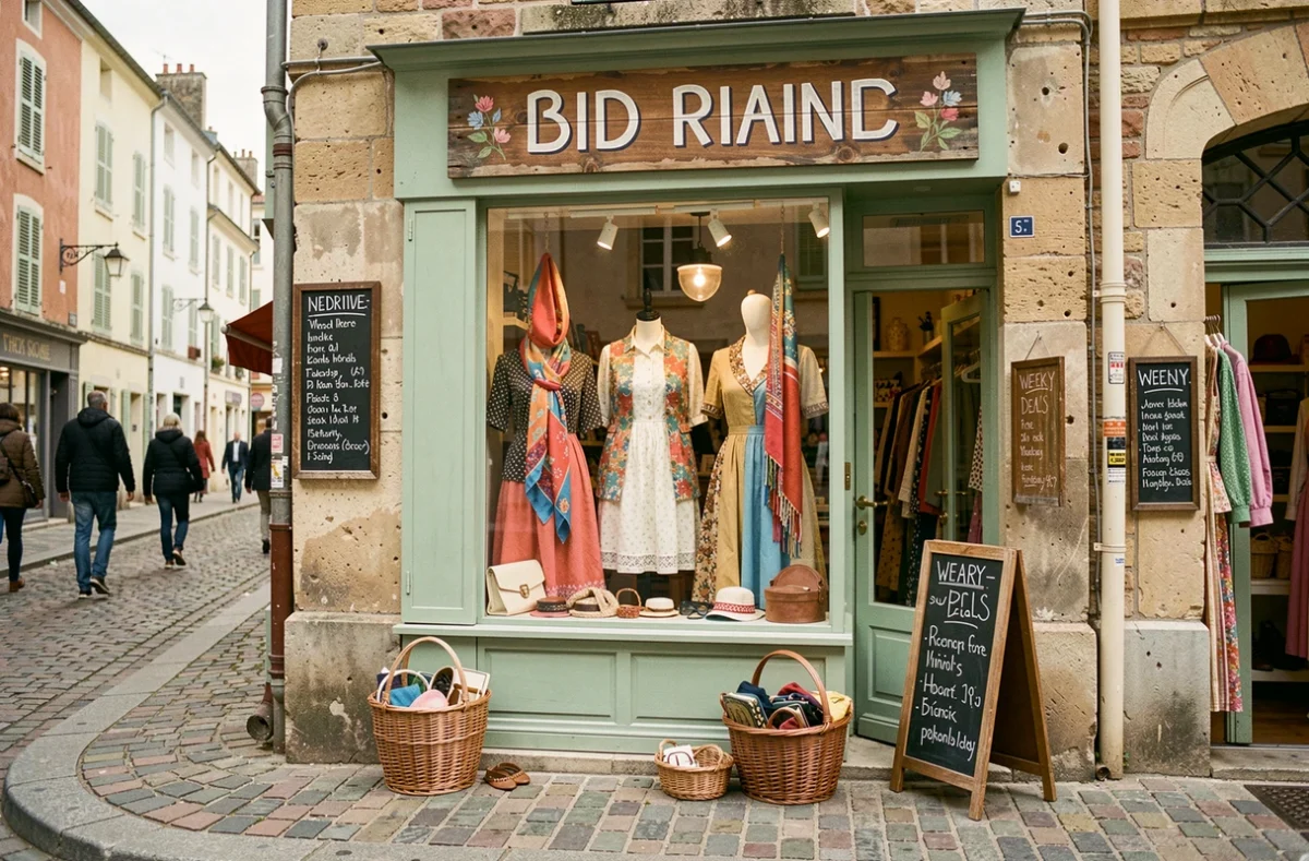 Devanture colorée d'une friperie Ding Fring avec vitrine habillée de vêtements vintage et panneau artisanal en bois
