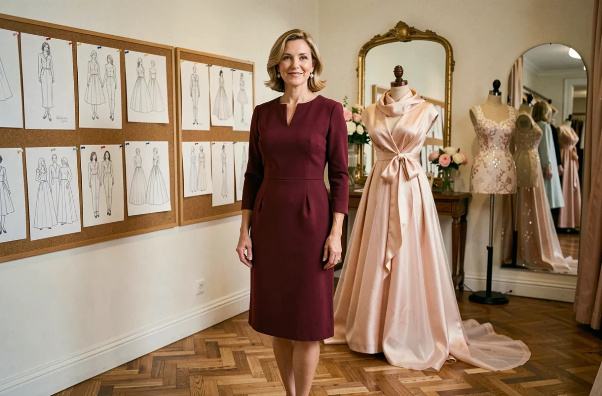 Femme élégante en robe sur mesure bordeaux dans la boutique de couture Divine à Rouen avec croquis de mode et mannequin en soie
