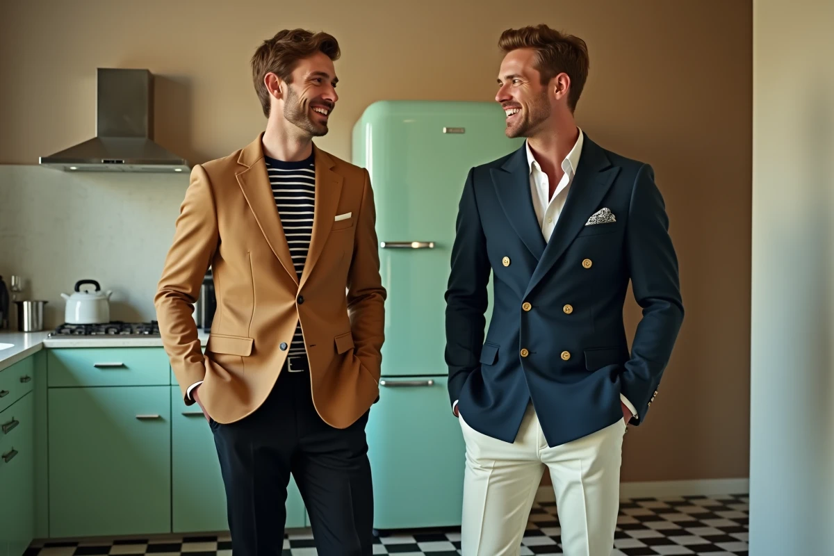 Deux hommes en tenues inspirées des années 60 blazer camel et marine dans une cuisine rétro pour soirée à thème
