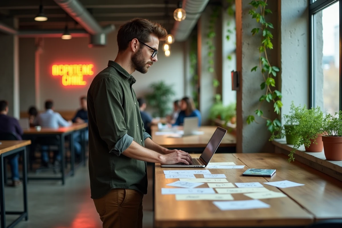Entrepreneur créatif travaillant sur son blogue dans un espace de coworking moderne avec notes et idées affichées