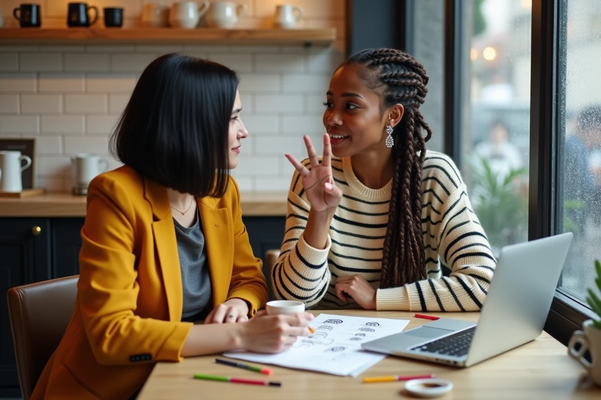 Deux entrepreneuses créatives collaborant sur un blogue autour d'un café avec esquisses et idées de contenu