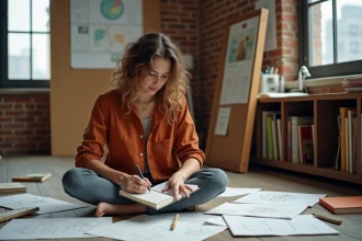 Entrepreneuse créative assise sur le sol d'un atelier loft entourée de croquis et tableaux d'inspiration pour son blogue