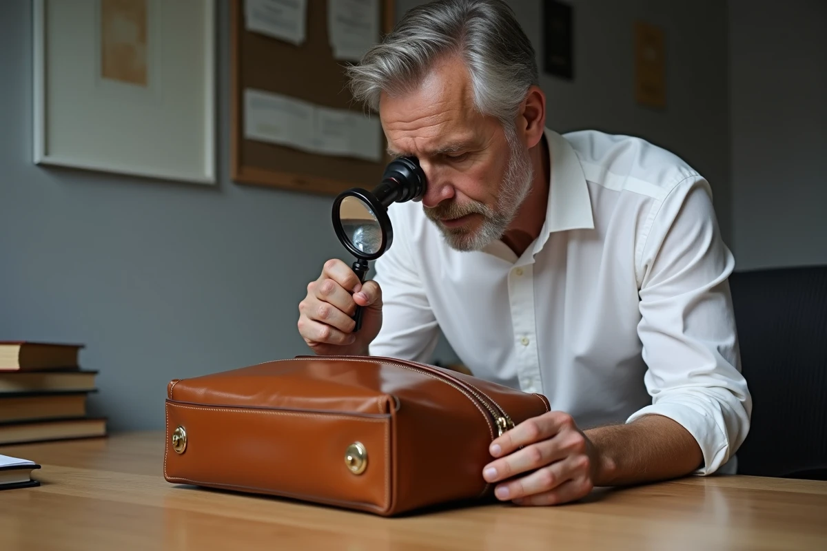 Expert en authentification examinant la quincaillerie d'un sac de luxe à la loupe dans un atelier d'expertise