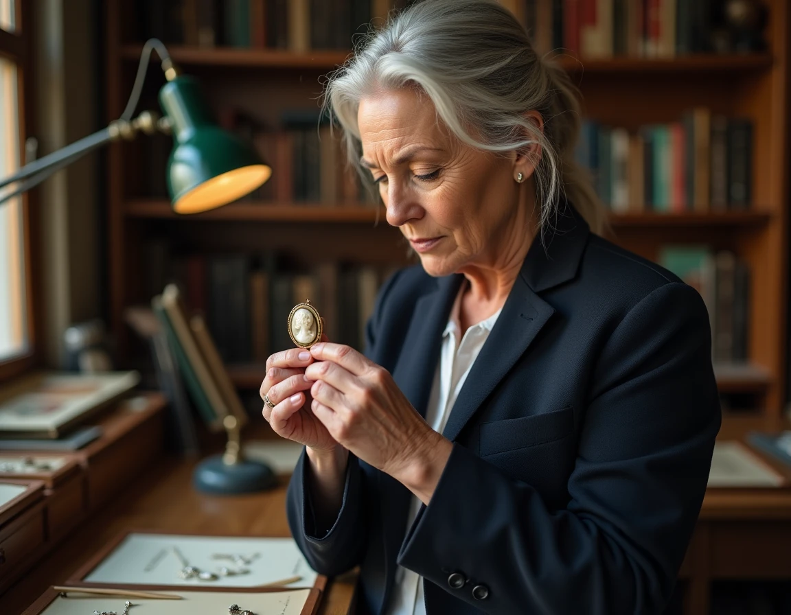 Experte en bijoux anciens examinant un pendentif camée de collection dans un atelier d'antiquaire