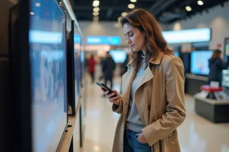 Femme examine un téléviseur dans un magasin d'électronique
