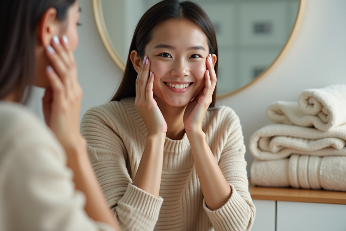 Jeune femme appliquant auto-bronzant visage dans chambre lumineuse