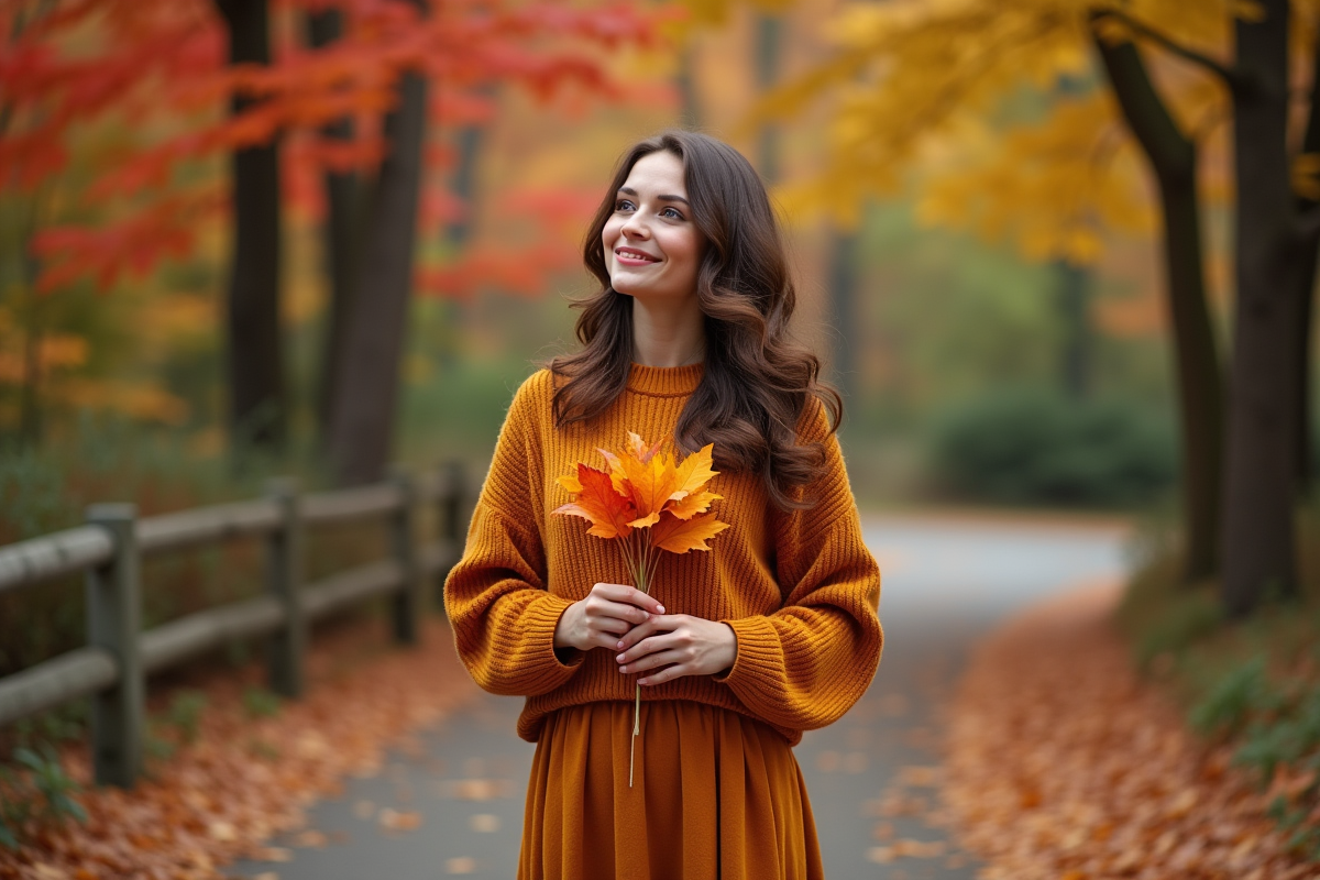 Femme en automne avec bouquet de feuilles d'érable