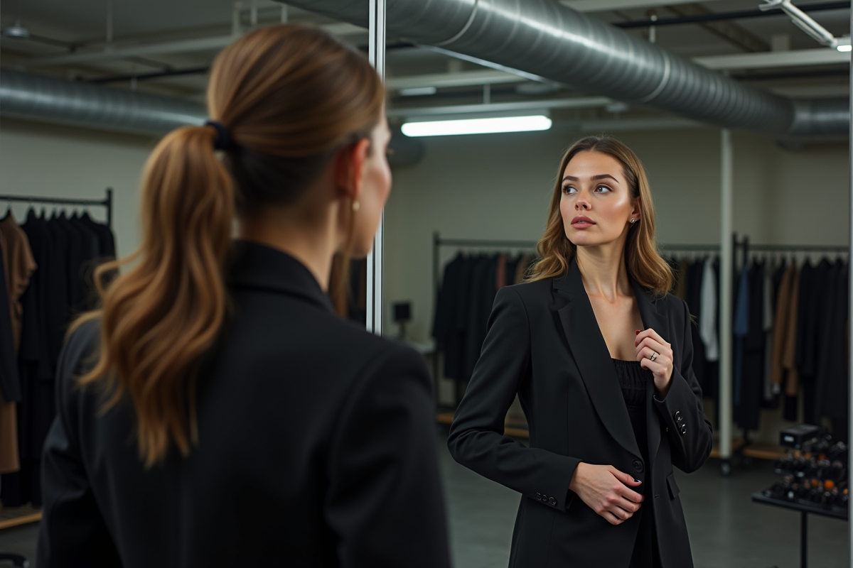 Femme en backstage ajustant son costume avec réflexion