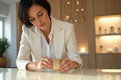 Femme &eacute;l&eacute;gante compare deux bracelets en or dans une bijouterie