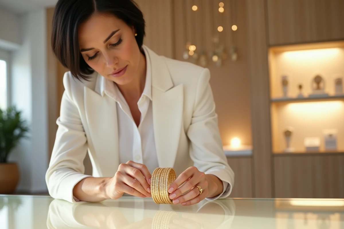 Femme élégante compare deux bracelets en or dans une bijouterie