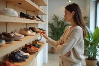 Femme élégante dans une boutique de chaussures françaises