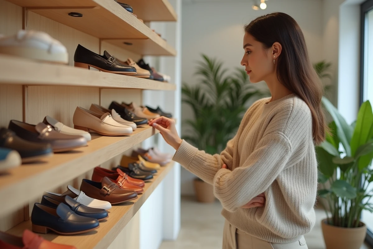 Femme élégante dans une boutique de chaussures françaises