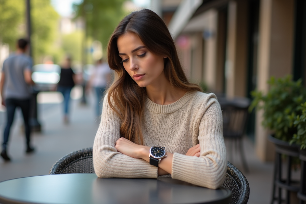 Femme détendue regardant sa montre au café en extérieur