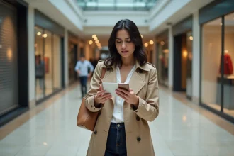 Femme examinant une carte cadeau dans un centre commercial