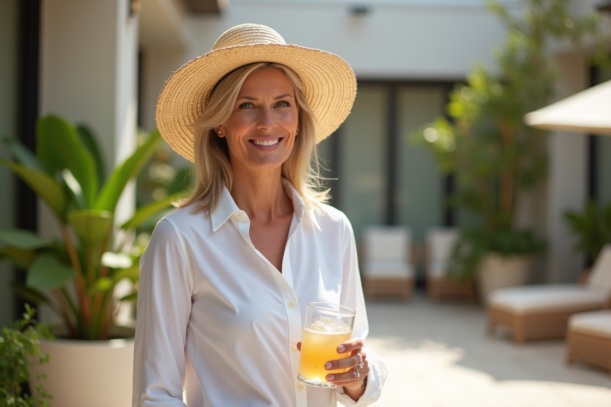 Femme élégante portant un chapeau en paille sur une terrasse ensoleillée
