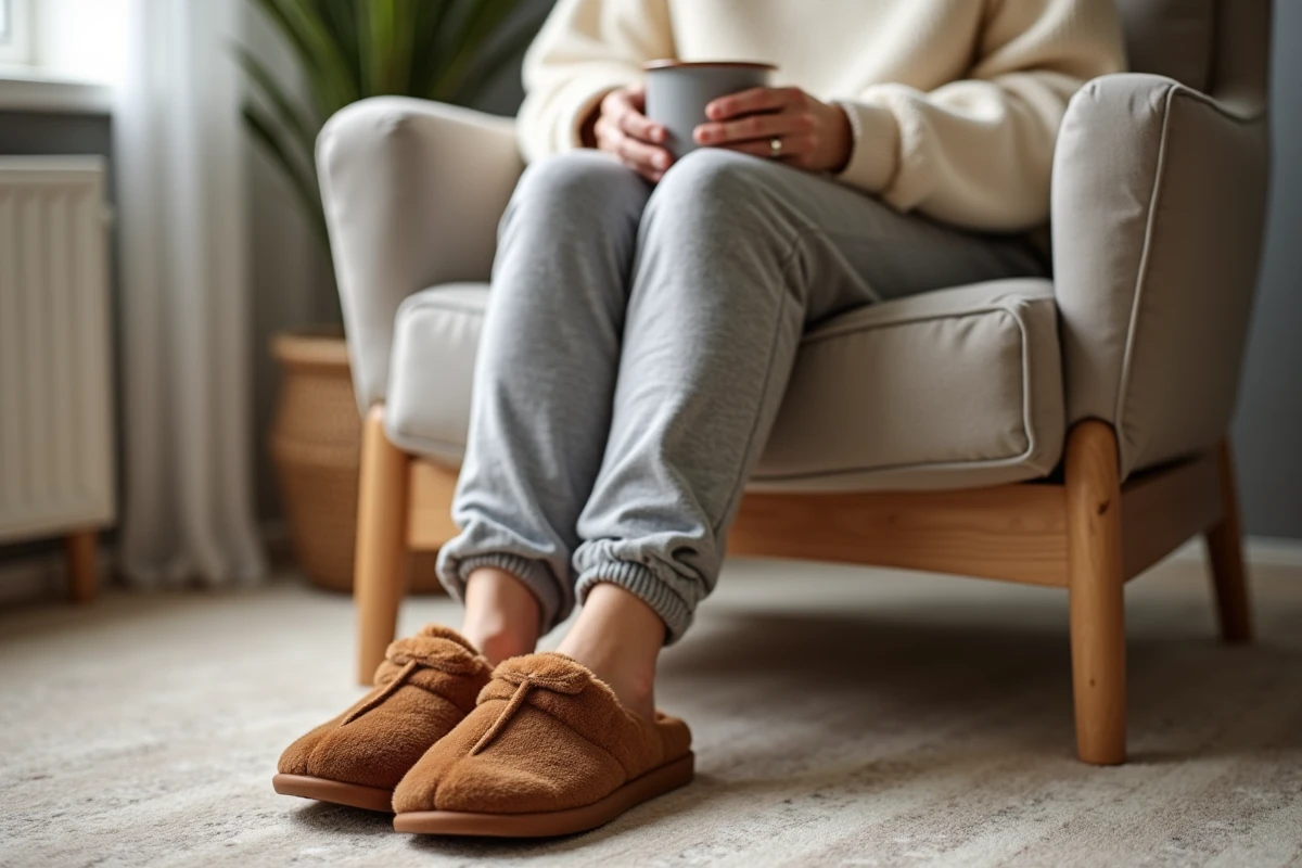 Femme portant des chaussons teckel en fausse fourrure assise dans un fauteuil dans un intérieur scandinave