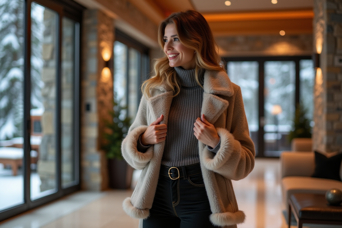 Femme élégante en tenue d'apres-ski dans un lobby montagnard