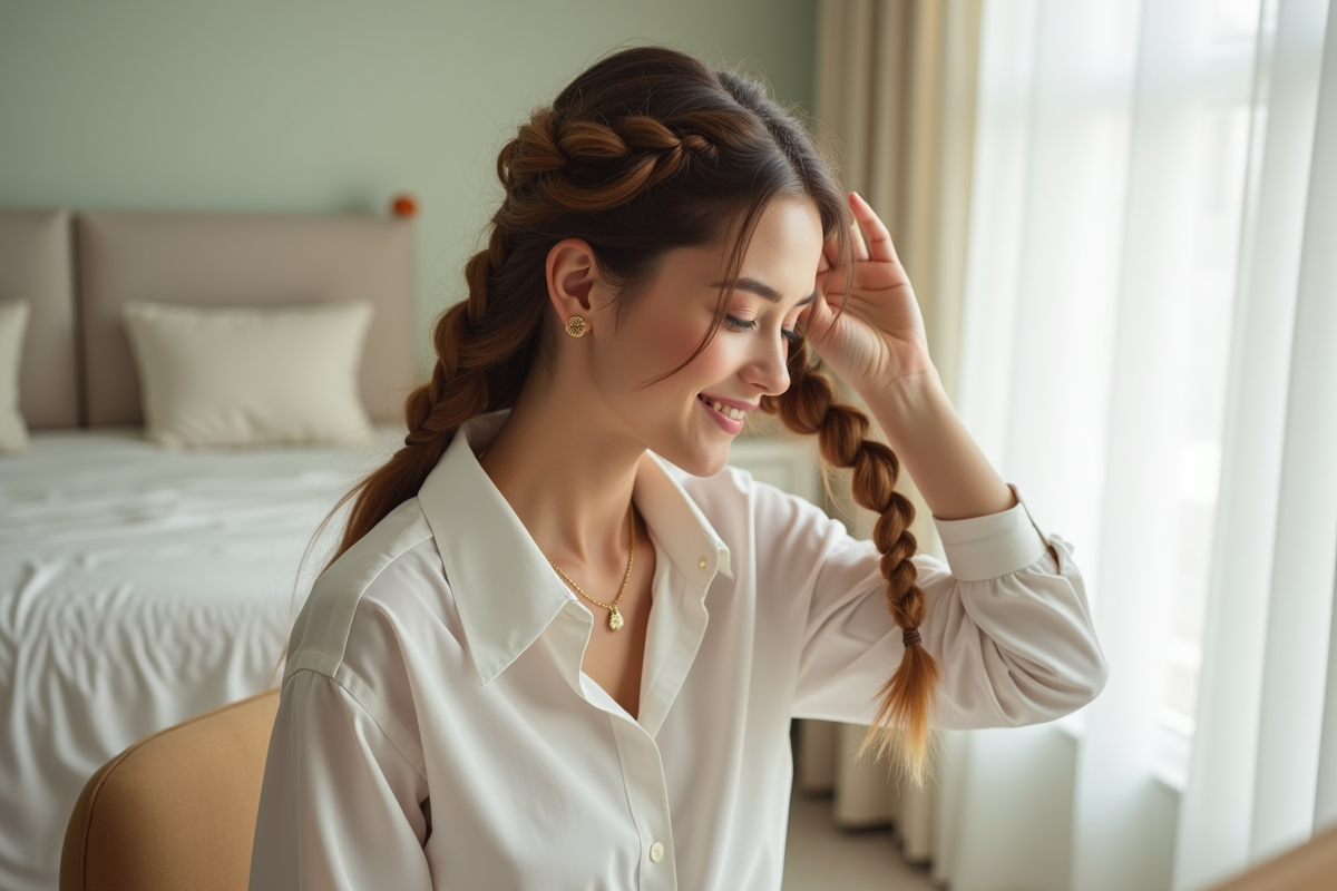 Jeune femme coiffant une tresse française dans une chambre lumineuse