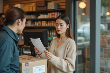 Femme récupérant un colis bloqué dans un point relais Vinted avec un employé de magasin