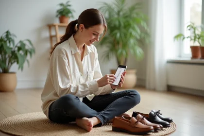 Femme consultant un convertisseur de pointure sur smartphone entourée de plusieurs paires de chaussures sur parquet clair