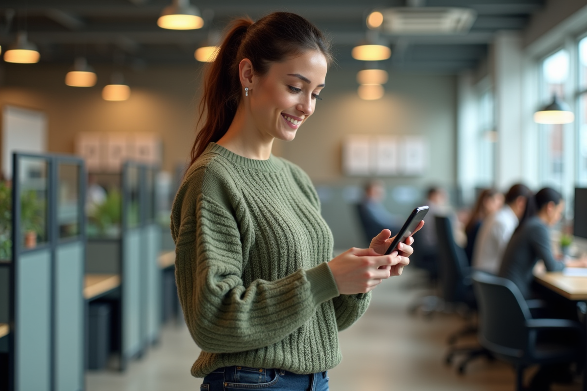 Femme en coworking comparant des tailles sur son smartphone