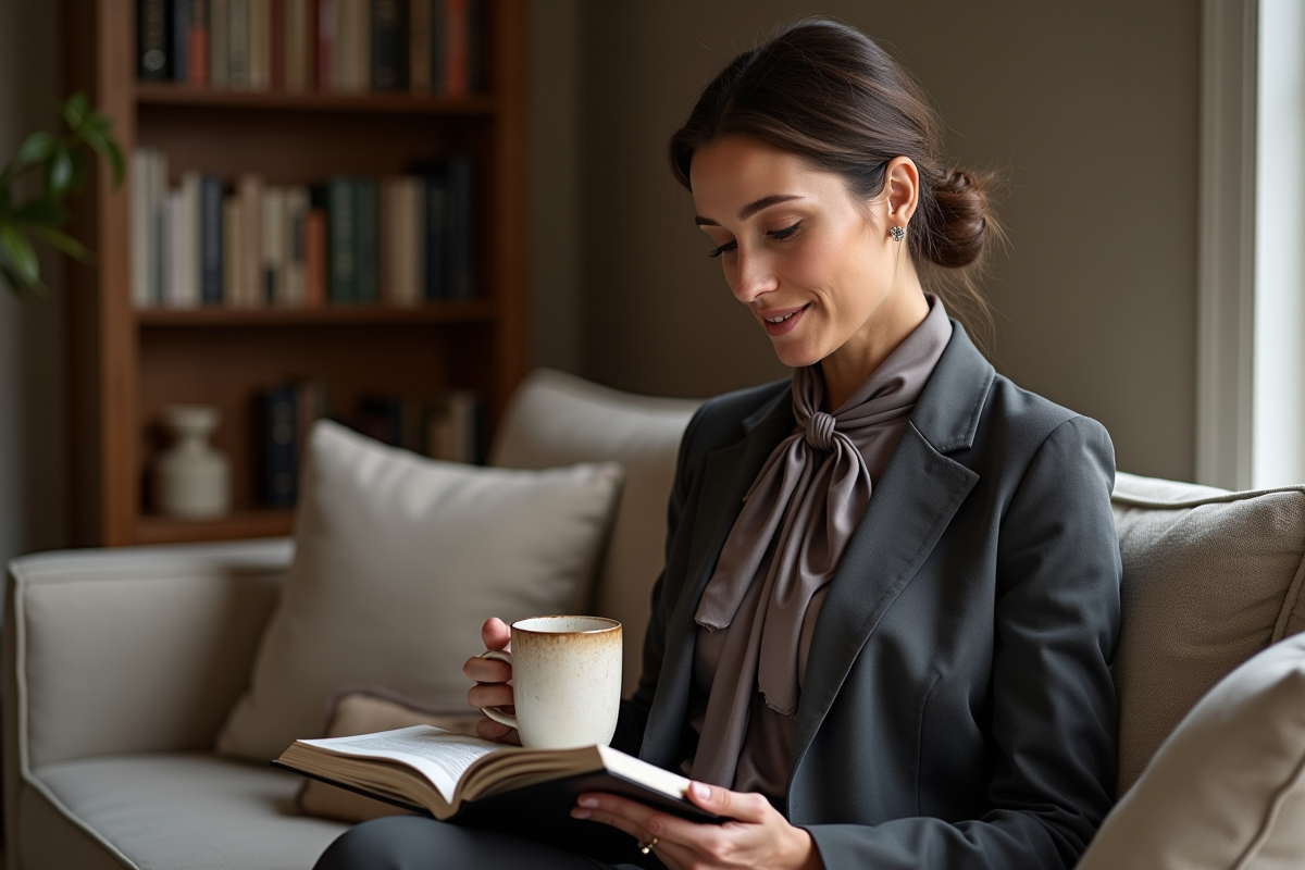 Femme élégante en costume dans un salon moderne