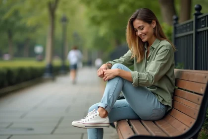 Femme essayant une paire de baskets blanches confortables sur un banc en bois dans un parc urbain