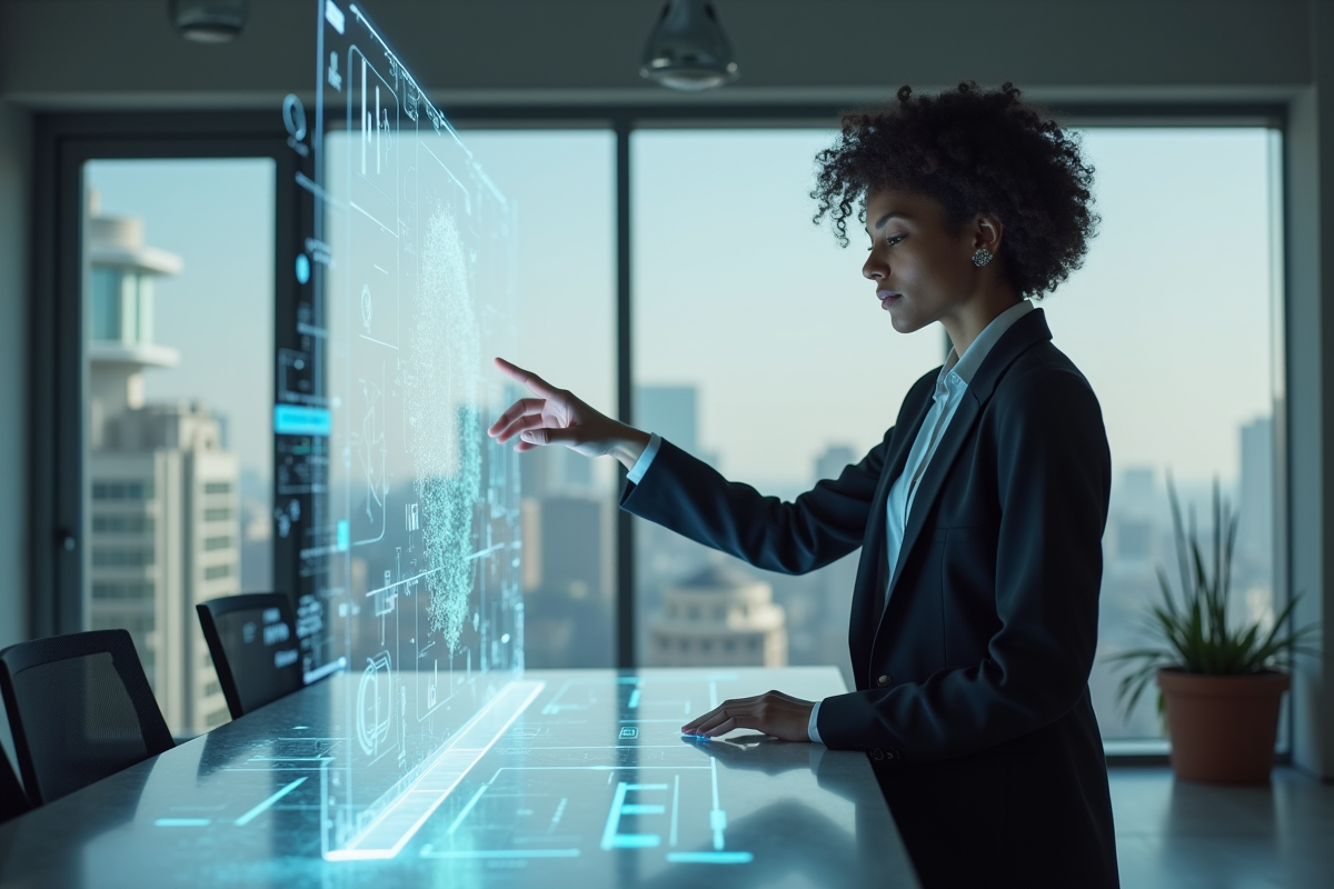 Jeune femme interactant avec interface holographique moderne