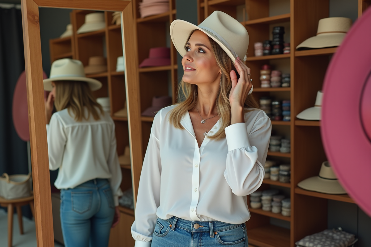 Femme essayant des chapeaux colorés dans une boutique moderne