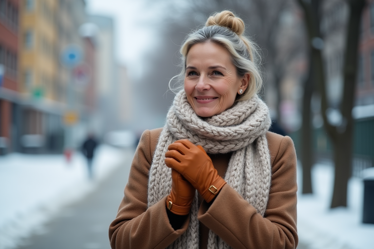 Femme d'âge moyen en hiver portant gants en cuir et écharpe beige