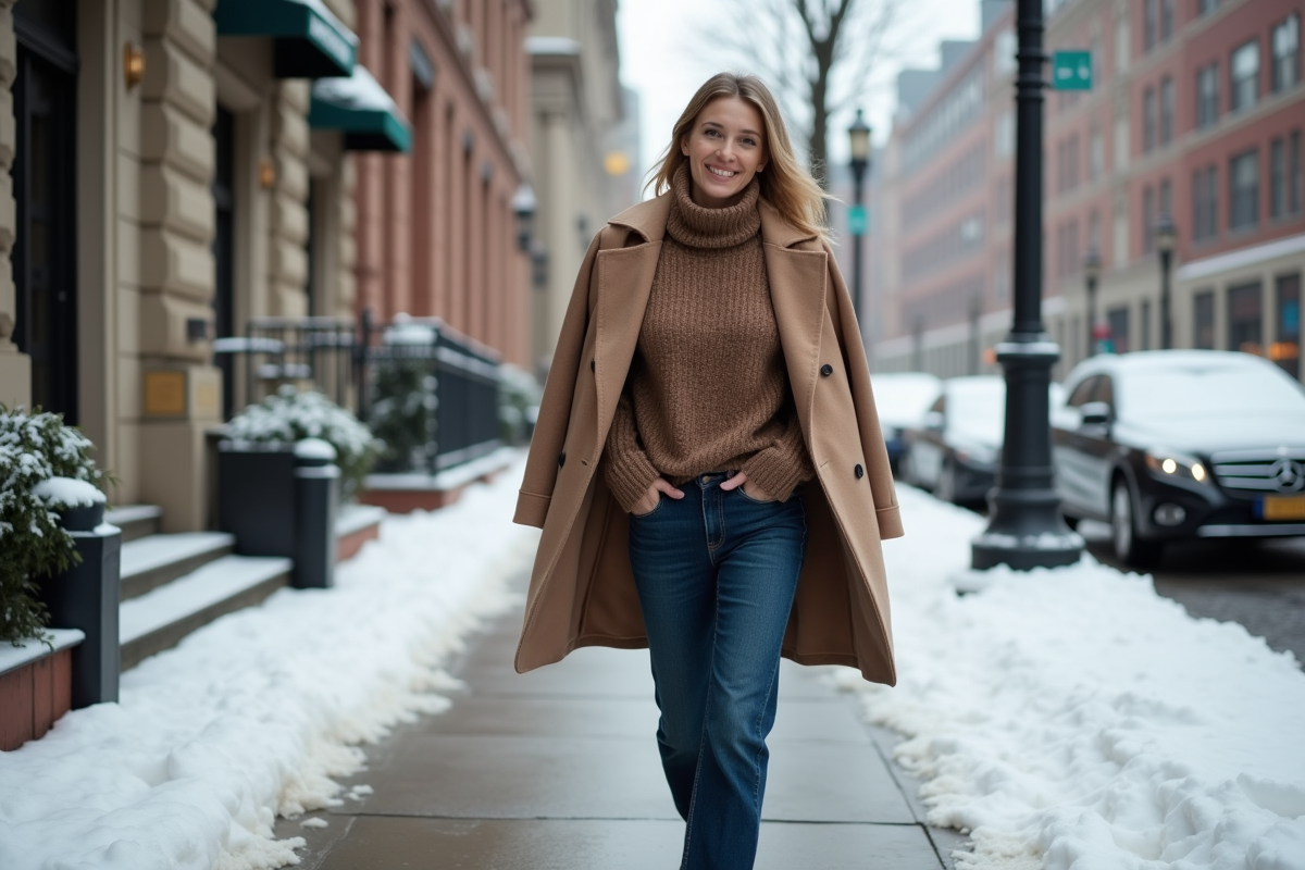Femme en jean indigo et manteau dans la ville enneigee