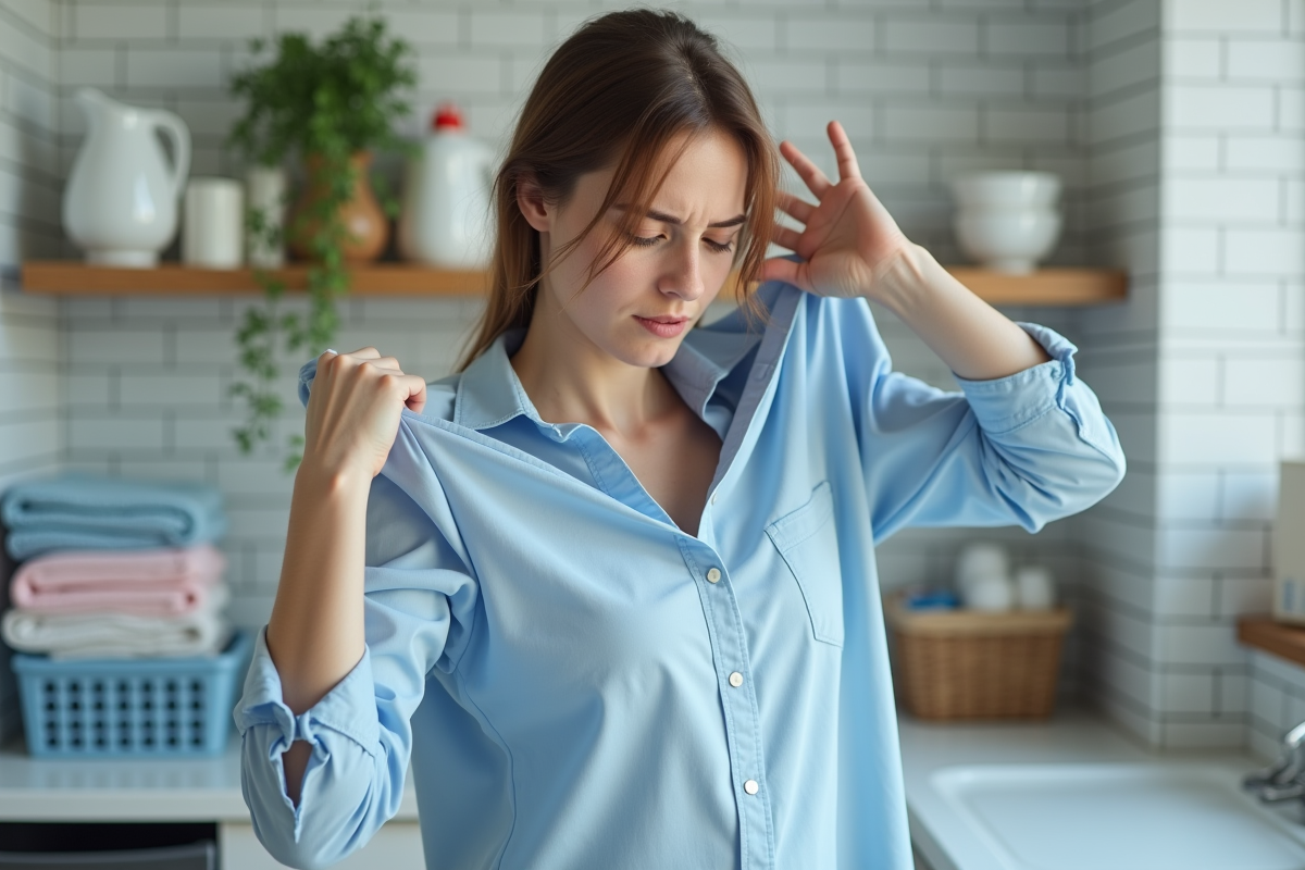 Jeune femme inspectant un t-shirt blanc sale en machine