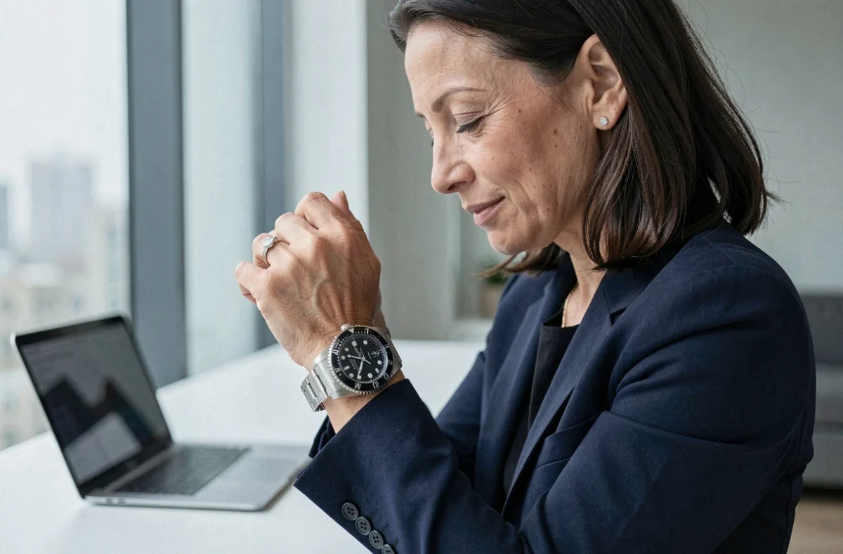 Femme inspectant une montre Rolex sport dans un bureau moderne près d'une fenêtre