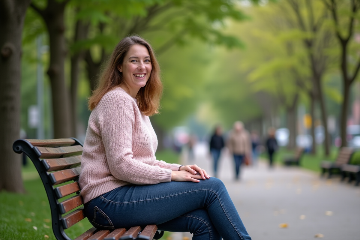 Femme souriante en jeans dans un parc urbain
