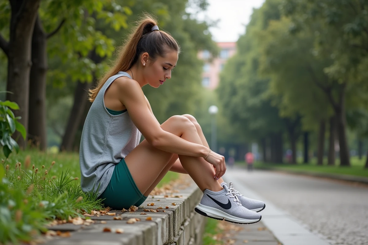 Femme jeune assise dans un parc &agrave; Lisbonne en train de lacer ses chaussures