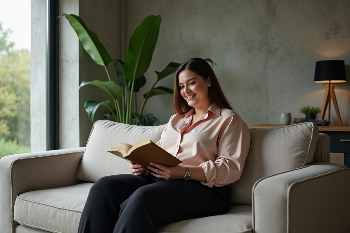 Femme plussize lisant dans un salon moderne