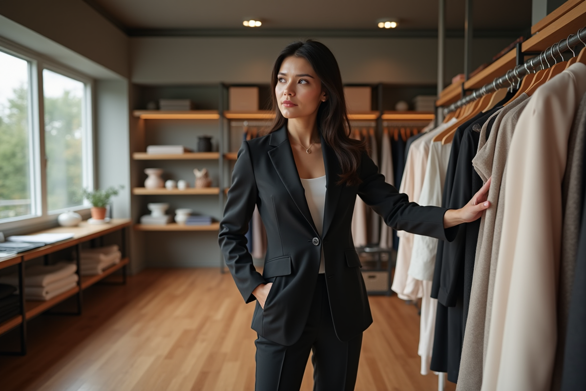 Femme élégante en tailleur regardant une collection de robes