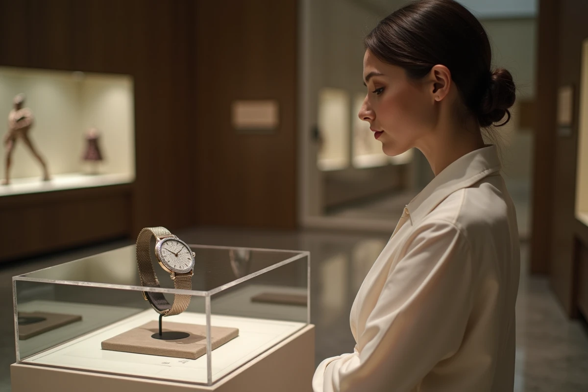Femme observant une montre précieuse dans un musée