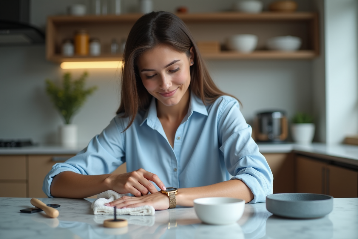 Jeune femme nettoyant une montre en or avec un chiffon doux