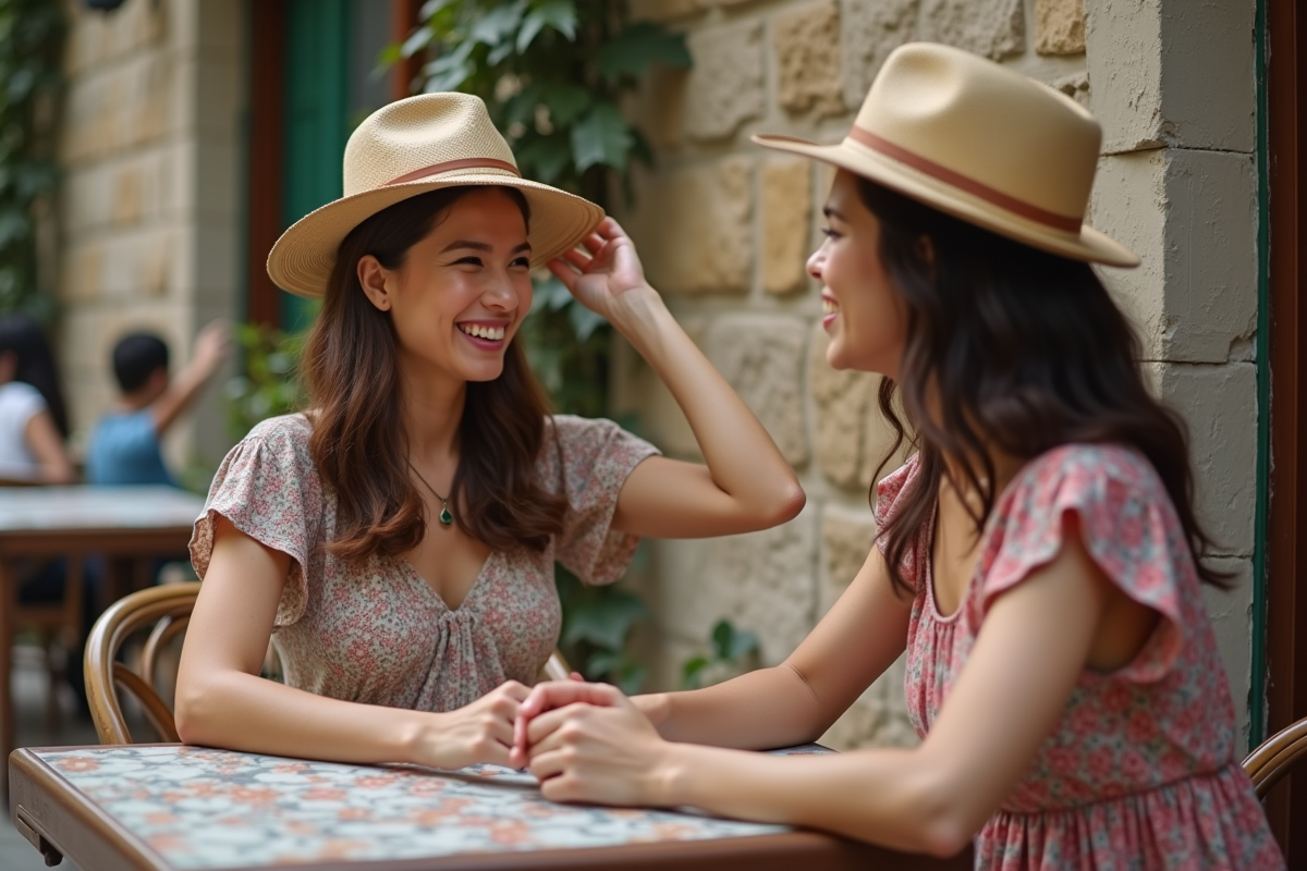 Jeune femme riant à un café en plein air avec amie