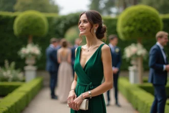 Femme en robe verte lors d'une réception de mariage